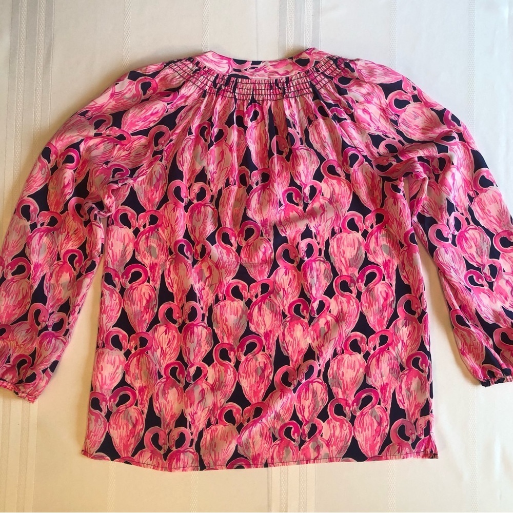 Lilly Pulitzer 100% Silk Pink & Black Long Sleeve Blouse w/ Mandarin Collar Sz S - Picture 4 of 10